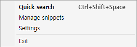 영어 화면의 트레이 메뉴: Open quick search, Manage snippets, Settings, Exit