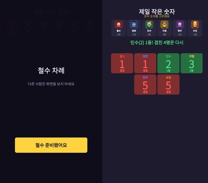 제일 작은 숫자: 왼쪽은 넘기기 화면, 오른쪽은 공개 화면(1·1 겹침, 2가 1등, 3이 2등, 5·5 겹침)